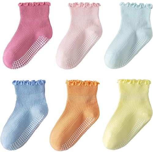 ANYANIME 6 Pairs Toddler Ruffle Socks for Girls Baby Grip Socks Non Slip Socks Cute Grippy Frilly