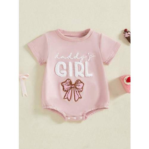 Sweet Baby Girl Father's Day Romper With Adorable Letter Bow Embroidery - Soft Short Sleeve Round Neck Jumpsuit For Everyday Chic | SHEIN USA