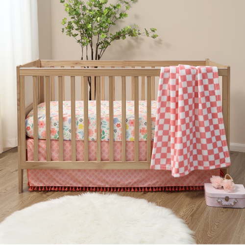 The Peanutshell Baby Crib Bedding Set for Girls - 3 Pieces - Pink Baby Blanket Set with Fitted Crib Sheet, Dust Ruffle - Wildflower Boho Floral
