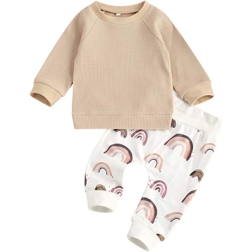 Infant Baby Girl Boy Outfit Long Sleeve Rainbow Pullover Tops with Leopard Pants 2pcs Set Winter Spring Clothes