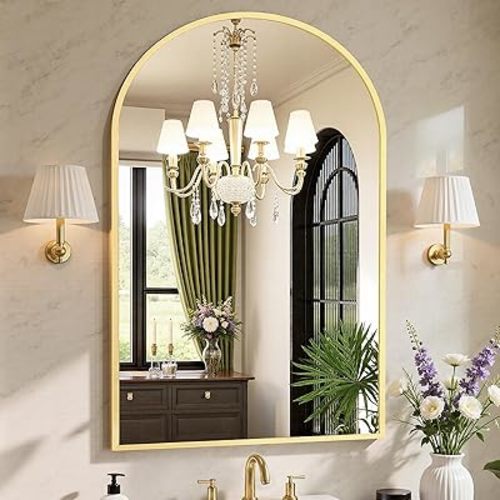 Sweetcrispy 26"x38" Arched Gold Bathroom Mirror Wall Mounted Vanity Metal Frame Mirror for Bedroom, Entryway, Living Room
