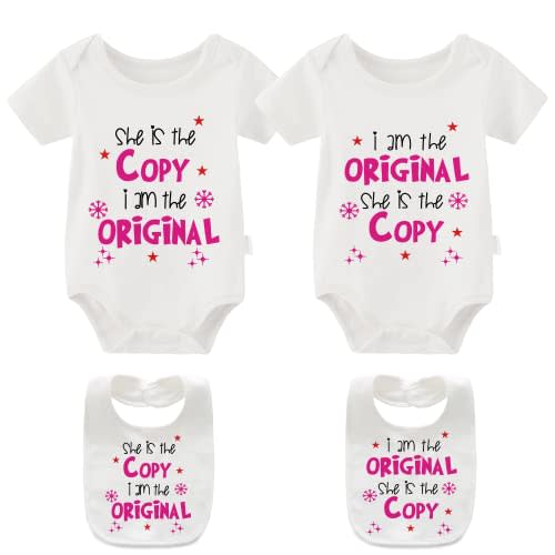 YSCULBUTOL Baby Twins Bodysuits She Is The Copy I Am The Original Infant Baby Clothes Twin Outfits With Hat