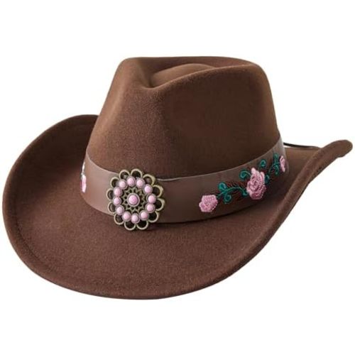 Western Cowboy Hat for Kids Girls with Pink Flower Buckle Blet Cowgirl Hat Wide Brim Fedora Hat Rodeo Party Hats