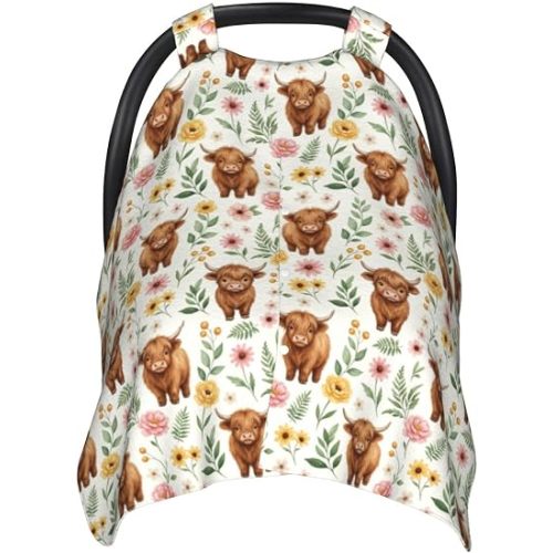 Highland Baby Car Seat Canopy Cover for Infants & Toddlers, Opening with Adjustable Strap, Nursing Cover & Stroller Blanket, Highland Cow Baby Stuff