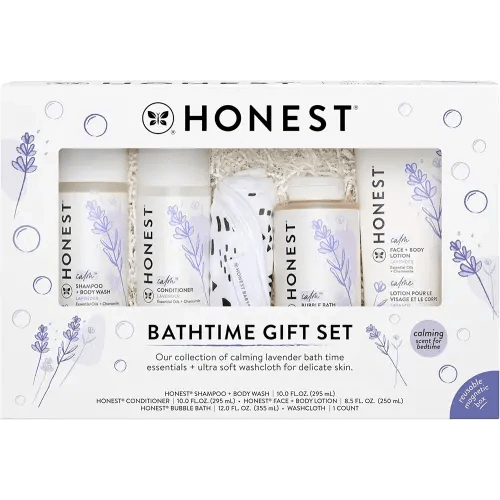 The Honest Company Calming Lavender Bathtime Gift Set Hypoallergenic Bath Essentials for Sensitive Baby Skin Shampoo and Body Wash Face Lotion Bubble Conditioner Cloth