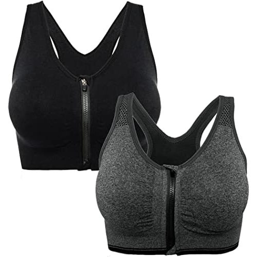 Womens Zip Front Sports Bra Wireless Post-Surgery Bra Racerback Yoga Sports Bras