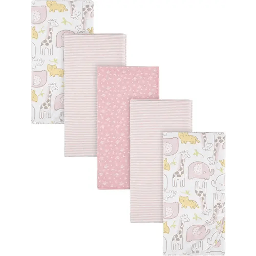 Gerber Girls Newborn Infant Baby Toddler Nursery 100% Cotton Flannel Receiving Swaddle Blanket, Pink Safari, Pack of 5