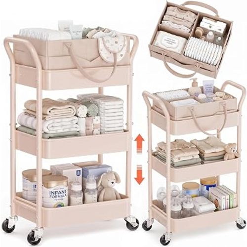 Beige 3 Tier Rolling Diaper Caddy Cart with Wheels and Detachable Dividers