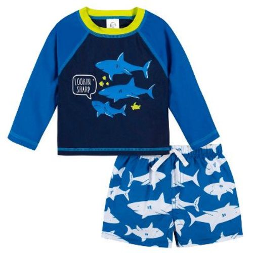 Gerber Baby & Toddler Boys' Two-Piece Swim Trunks and Long Sleeve Rash Guard Set - Shark Zone - 0-3 Months