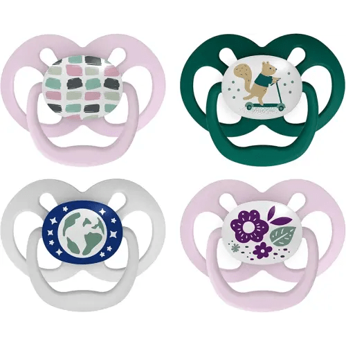 Dr. Brown's Advantage Glow-in-the-Dark Baby Pacifier, Fully Symmetrical Soother with Soft Silicone Bulb, Scooter Squirrel-Purple Nature, 6-18m, BPA Free, 4 Pack