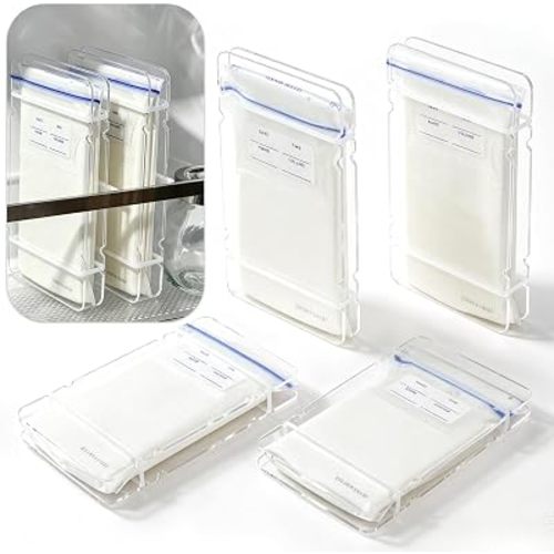 Freeze Flat Breastmilk Storage, Space-Saving Breast Milk Bag Flattener, Stackable Freezer Tray Storage Organizer for Baby Food, Simple & Compact, 6.6 L x 3.4 W inches, 4 Packs(8 Plates + 9 Bands)