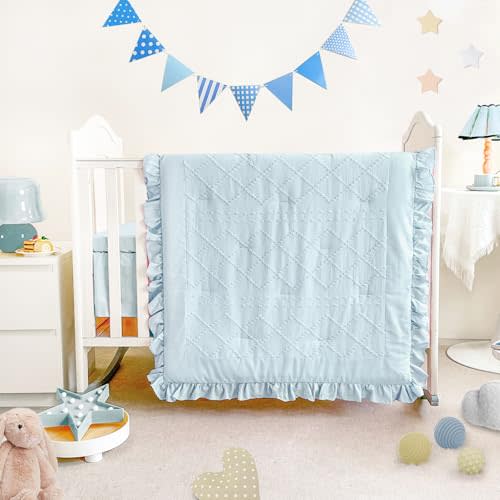 Wowelife Baby Crib Bedding Set for Girls, 3 Piece Boho Crib Comforter Set Ruffle, Baby Boy Crib Bedding Set Nursery Blanket Set Neutral Include Quilted Comforter, Crib Skirt and Sheet, Blue