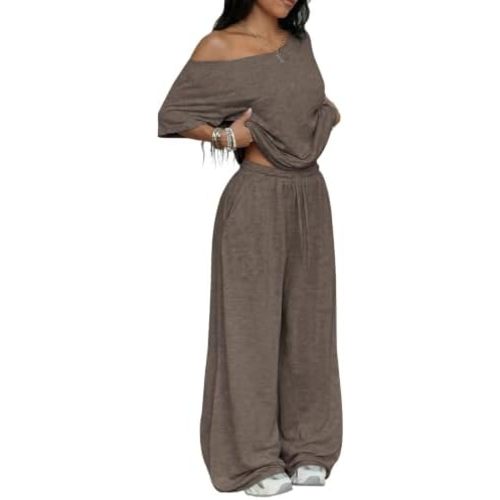 GFU Matching Lounge Sets For Women Two Piece Off The Shoulder Short Sleeve Top Wide Leg Sweatpants Set Travel Loungewear
