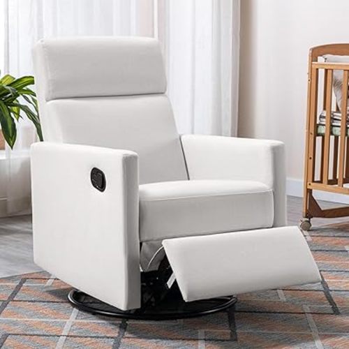 Boucle Recliner Gliders for Nursery, Lazy Rocker Recliner Chair & Swivel Reclining Sofa Chair with Adjustable High Back, Upholstered Cushions,Metal Base (White)