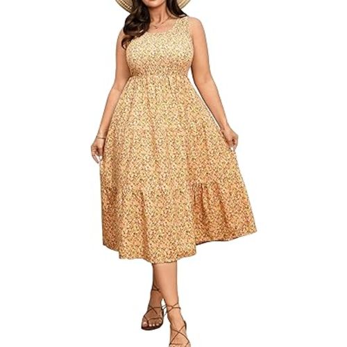 RWJ Plus Size Summer Sleeveless Tank Dress for Women 2025 Smocked Casual Loose Sundress Flowy Beach Tiered Long Midi Dresses