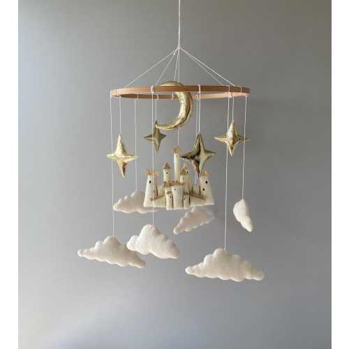 Felt Castle Baby Mobile, Gold Moon and Stars, Neutral Nursery Decor