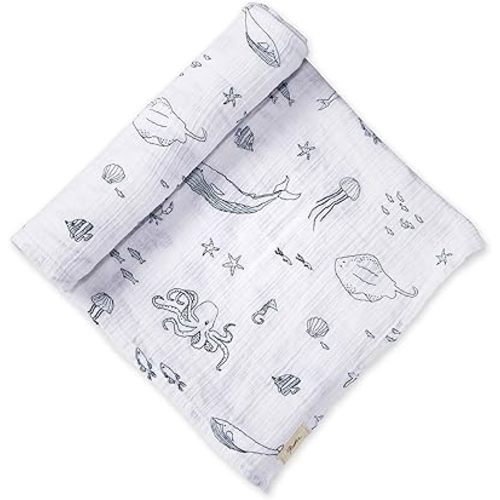 PEHR Muslin Cotton Swaddle, Life Aquatic | Organic Baby Blanket | Ultra-Soft & Versatile | 47” x 47”