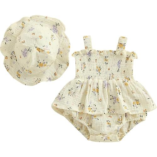 Mubineo Baby Girl Clothes Summer Dress Cotton Linen Romper Sleeveless Smocked Rompers Sun Dress Hat Skirt Boho Outfits