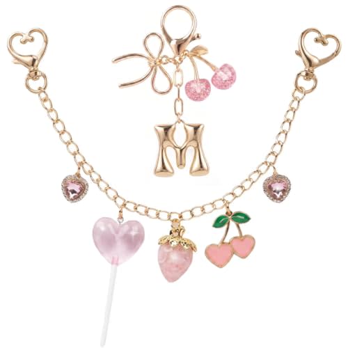 XZYLY 2 Pack Bag Charm,Bag Chain Purse Charms Strawberry,Bubble Initial Keychain with Cherry,Pink Cute Handbag Accessories
