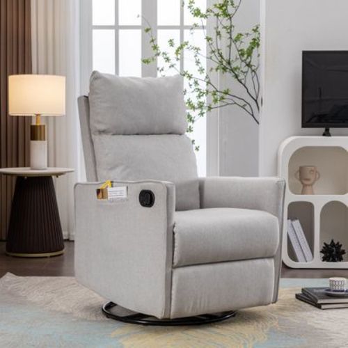 Cotton Linen Fabric Swivel Rocking Chair Glider Rocker Recliner Nursery Chair With Adjustable Back And Footrest For Living Room Indoor,Beige