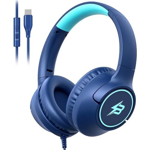 USB C Headphones Wired for Kids, 85/94dB Volume Limit With Mic, Navy Blue