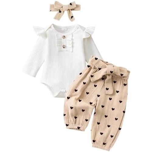 Newborn Baby Girl Clothes Ribbed Knit Romper Heart Daisy Print Pants for 0 3 6 12 18 24 Months Girl Outfits