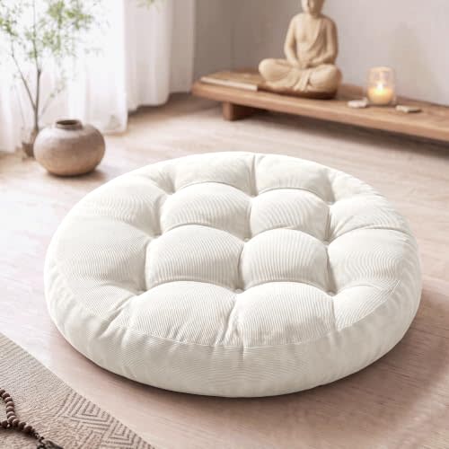 Round Meditation Cushion, Large Floor Pillow for Adults, 22 Inch Beige | Reading nook use, Zen relaxation, Tatami seating, Corduroy cover, 4 in thick, Shredded memory foam fill, Soft yoga pad
