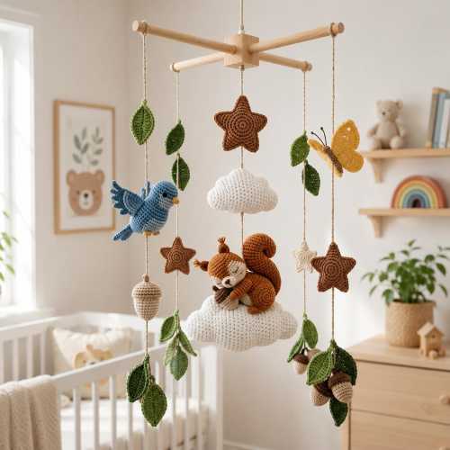 Woodland Animal Baby Mobile, Crochet Forest Nursery Mobile, Squirrel Crib Mobile Decor, Handmade Baby Shower Gift for Neutral Nursery