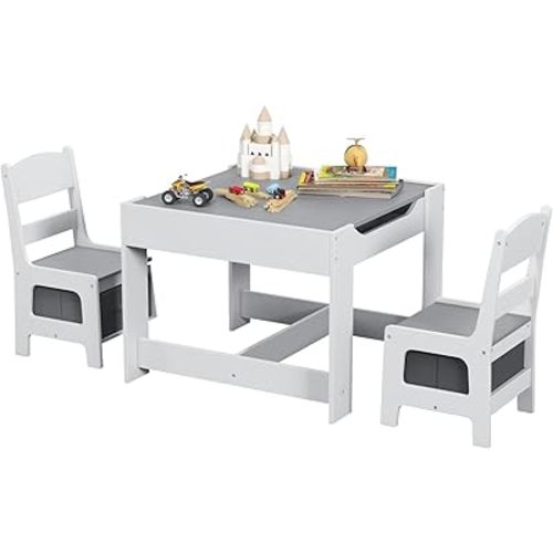 Costzon Kids Table and Chair Set, 3 in 1 Wooden Activity Table with Storage Drawer, Detachable Tabletop for Children Drawing Reading Art Craft, Playroom, Nursery, Toddler Table and Chair Set, Gray
