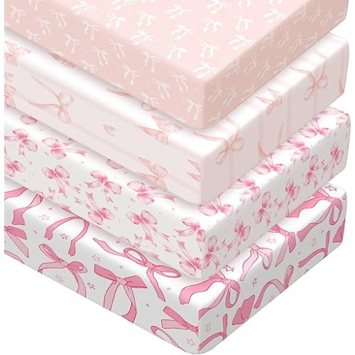 Peryiter 4 Pack Crib Sheets Girl Soft Baby Bed Sheet Set 52'' x 28" Nursery Crib Sheets for Standard Bed for Nursery Decor Baby Boys or Girls(Pink,Pink Bow)