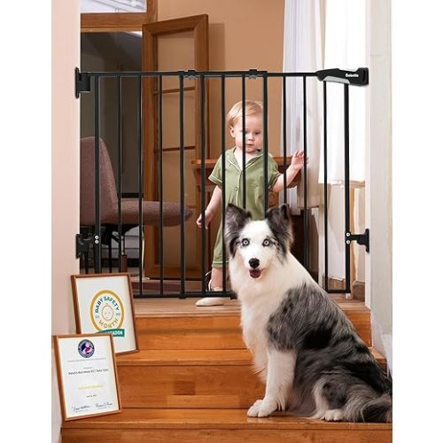 Babelio Barrière pour bébé/chien à fermeture automatique pour escaliers, 2 en 1, porte battante et couloir pour animaux domestiques, avec porte extra large et design sans seuil, noir fer