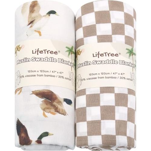 LifeTree Baby Swaddle Blankets, Boys Girls Muslin Swaddling Wrap Receiving Blanket for Newborn, 70% Viscose from Bamboo and 30% Cotton, Large 47" x 47", Duck and Coffee Checkered