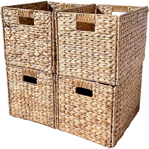 Westerly 4 Decorative Hand-Woven Water Hyacinth Wicker Storage Basket, 16x11x11 Ideal for Shelving Units