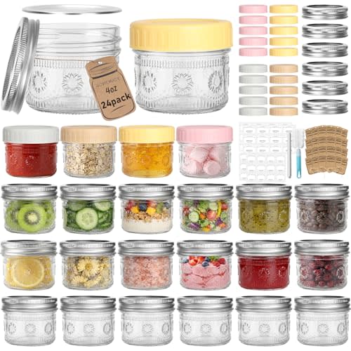 CycleMore 4oz Sunflower Glass Jars 24-Pack with 2 Types of Lids for Events | Small Mason Jars With Airtight 24 Metal Split + 24 Colorful Plastic Lids. BPA-Free. For Honey, Spices, Bulk DIY