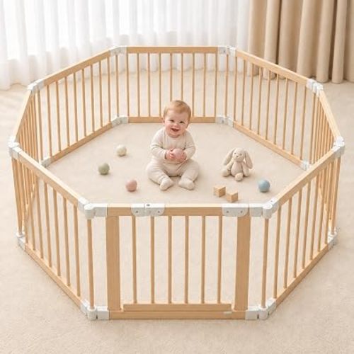 Pterying 58" x 58" Wooden Baby Playpen for Babies and Toddlers, 8 Panels