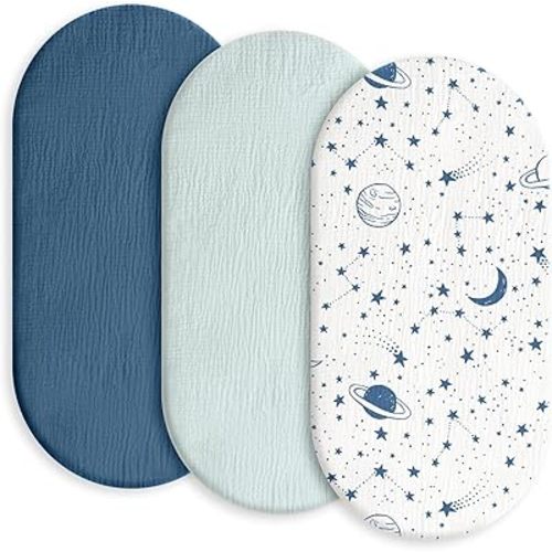 Gllquen Baby Muslin Bassinet Sheets 3 Pack, Breathable Elastic Cozy Fitted Cotton Bassinet Mattress Sheet for Baby Boy Girls, Fit for Hourglass Oval Rectangular Cradle Pad Sheets 33"x17" (Blue)