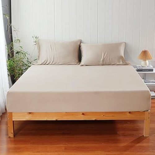 100% Viscose Derived from Bamboo Fitted Sheet Set 3 Piece - 2 Pillowcase 1 Fitted Sheet with 16" Deep Pocket, Hotel Luxury Silky Bedding, Ultra Soft, Cooling for Hot Sleepers(Beige Full)