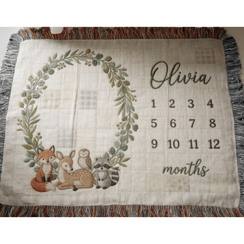Woodland Milestone Woven Blanket, Boho Rainbow Baby Monthly Blanket, Forest Animal Nursery, Baby Photo Prop Shower Gift