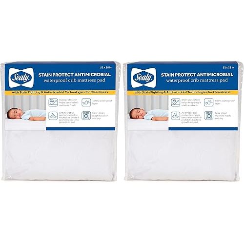 Sealy Baby Stain Protect Antimicrobial Fitted Waterproof Infant Crib Mattress Protector Pad and Toddler Bed Cover, Durable and Comfortable Topper, Machine Washable & Dryer Friendly, 52” x 28”- White