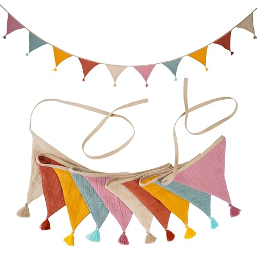 Fabric Bunting Banner, 2 Pack Handmade Neutral String Banner with Tassel Each 8.5 ft 10 Flags Nursery Wall Hanging Wedding Birthday Home Baby Shower Party Decoration Bunting (Pink Candy 2 Packs)