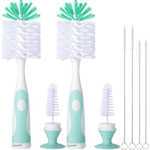 CAREBABYMORE 2 Pack Baby Bottle Brush with 4 Pack Straw Brushes, 10.2" Nylon Brushe with Nipple Cleaner and Stand Suction Cup, Green