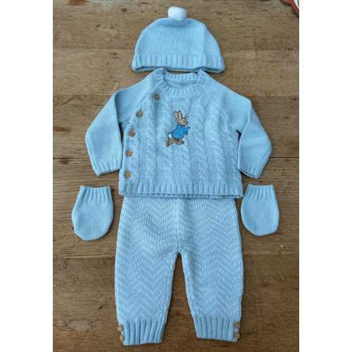 Embroidered Peter Rabbit Baby Knit Set – Sky Blue Jumper, Trousers, Hat & Mittens