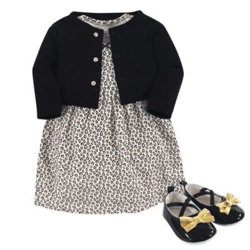 Little Treasure Baby Girl Cotton Dress, Cardigan and Shoe 3pc Set, Leopard, 6-9 Months