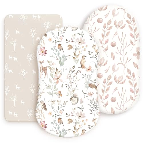 GRSSDER Stretchy Ultra Soft Fitted Bassinet Sheets 3 Pack, Universal Fit for Baby Cradle Moses Basket Oval Rectangle Mattress Safe and Snug, Beautiful Blush Pink Floral Bassinet Sheet for Girls