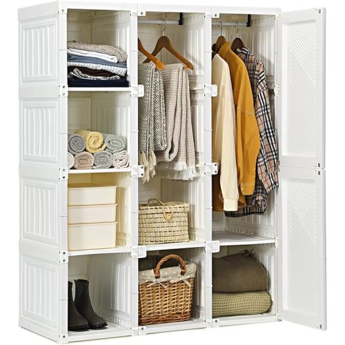 Tangkula Portable Closet Wardrobe, Foldable Clothes Organizer with Cubby Storage, Hanging Rods, Easy Assemble Clothing Storage with Magnet Doors, Folding Bedroom Armoire (10 Cubbies & 2 Rods)