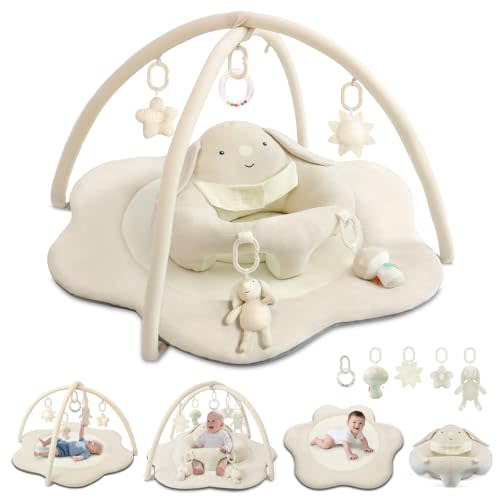 3-in-1 Baby Play Mat, Baby Seats for Infants for Sitting Up, Tummy Time Mat with 5 Detachable Toys, Baby Activity Gym & Playmats for Babies 0-6 6-12 Months, Newborn Baby Shower Gifts