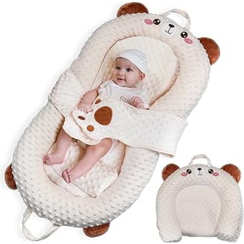 Baby Lounger for Newborns to 12 Months, Premium Velvet Cover, Infant Nest, Tummy Time Mat, Bottle Feeding Pillow & Portable Co-Sleeper Bed with Carrot & Banana Toys