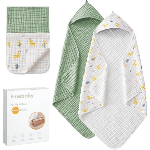 Hooded Baby Towels for Newborn, 2 Pack 36x36Inch Muslin Cotton Baby Bath Towel and 2 Pack 12x12Inch Washcloth Set with Hood for Babies, Toddler and Kids, Essentials Must Haves(Green and Deer)