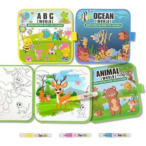 YECHISY Reusable Water Coloring Books for Kids 1-3: 3 Pack Mess-Free Water Painting Books - Magic Paint with Water Books, No Mess Coloring Fun Travel Activity Toys & Gifts for Toddlers Boys Girls