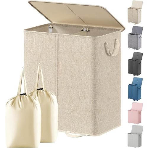 Lifewit Double Laundry Hamper with Lid and Removable Laundry Bags, Large Collapsible 2 Dividers Dirty Clothes Basket with Handles for Bedroom, Laundry Room, Closet, Bathroom, College, 136L Beige